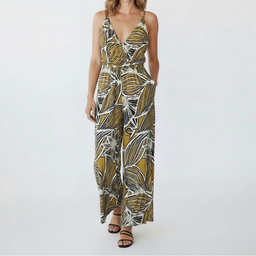Sienna Sky Jumpsuit M Yellow Black Tropical Wide Leg